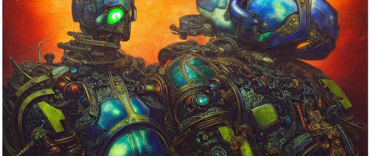 Prompt: composition gothic of and futuristic, warhammer, cyber armor, scars, storm, blue head, orange, green, juice, many mechflowers, the middle ages, highly detailed, artstation, in the style of moebius, jugendstil and classic japanese print, art by agostino arrivabene, vanessa beecroft