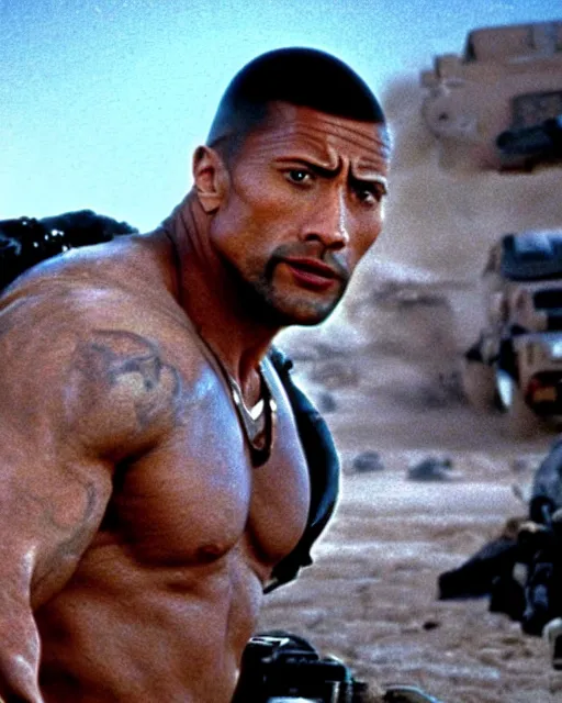 Image similar to film still close up shot of dwayne johnson in the movie mad max 2 the road warrior. photographic, photography