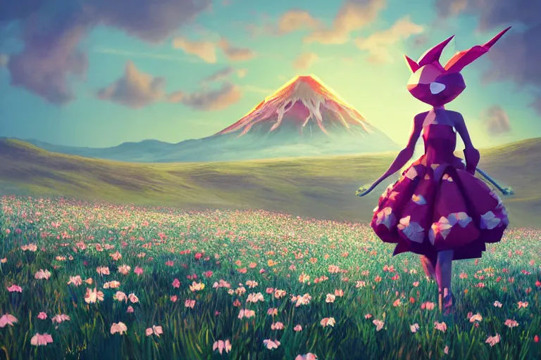 Prompt: lowpoly ps 1 playstation 1 9 9 9 anthropomorphic lurantis girl standing in a field of daisies wearing a hat, mount doom in the distance digital illustration by ruan jia on artstation