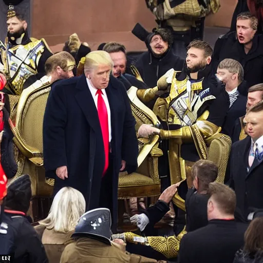 Prompt: the capitol is stormed on January 6 and a terrified Donald Trump is crowned King by insurrectionists