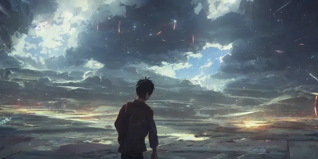 Image similar to concept art painting of a society falling eternally in the universe, realistic, detailed, cel shaded, in the style of makoto shinkai and greg rutkowski and james gurney