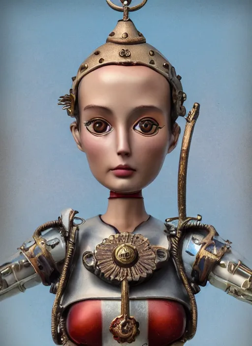 Image similar to closeup profile portrait of tin toy girl joan of arc, bikini, depth of field, zeiss lens, detailed, symmetrical, centered, fashion photoshoot, by nicoletta ceccoli, mark ryden, lostfish, breathtaking, 8 k resolution, extremely detailed, beautiful, establishing shot, artistic, hyperrealistic, octane render