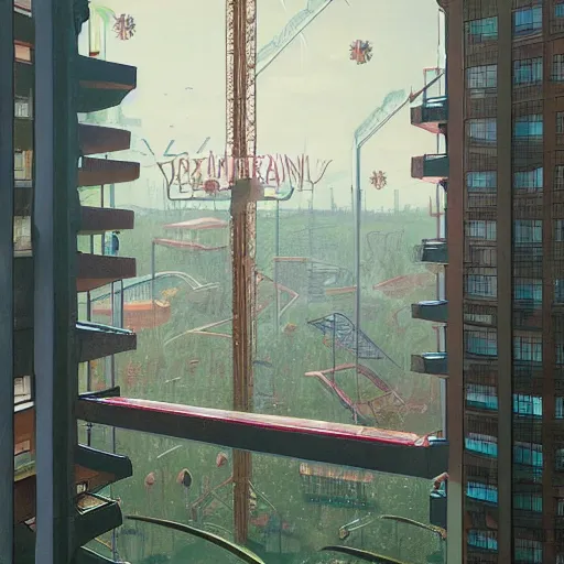 Image similar to a man standing in a futuristic penthouse apartment looking out onto an endless horror amusement park, artwork by simon stalenhag