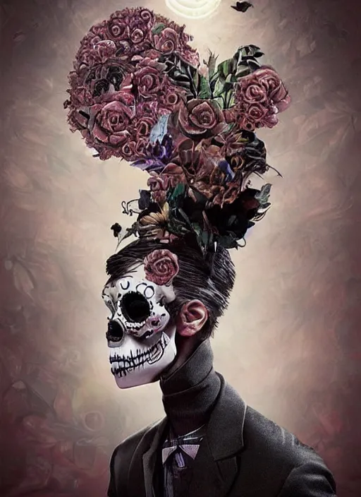 Image similar to dia de los muertos hombre theme surrealist art in the styles of igor morski, jim warren, and a tim burton film, intricate, masculine, hyperrealistic, accurate facial details, profile picture with chromakey!!!!! background, volumetric lighting