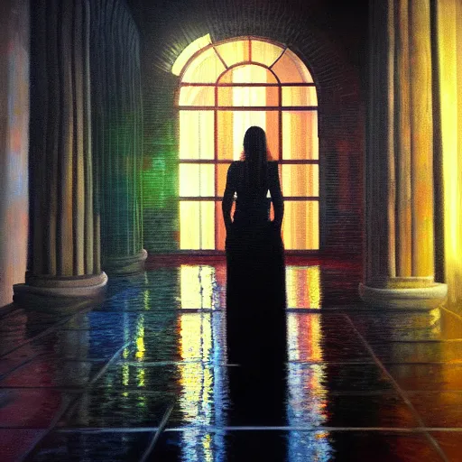 Image similar to scene, moment, beautiful woman, courtyard, capital, cybermosque interior, control panel, watcher, omniscient, tech noir, wet reflections, impressionism, matte painting, speed painting, chiaroscuro, oil on canvas