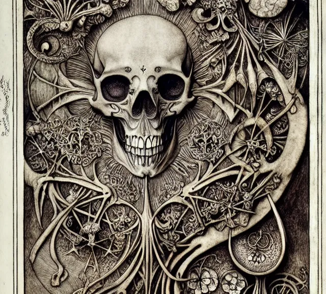 Image similar to memento mori by arthur rackham, art forms of nature by ernst haeckel, exquisitely detailed, art nouveau, gothic, ornately carved beautiful skull dominant, intricately carved antique bone, art nouveau botanicals, ornamental bone carvings, art forms of nature by ernst haeckel, horizontal symmetry, arthur rackham, ernst haeckel, symbolist, visionary