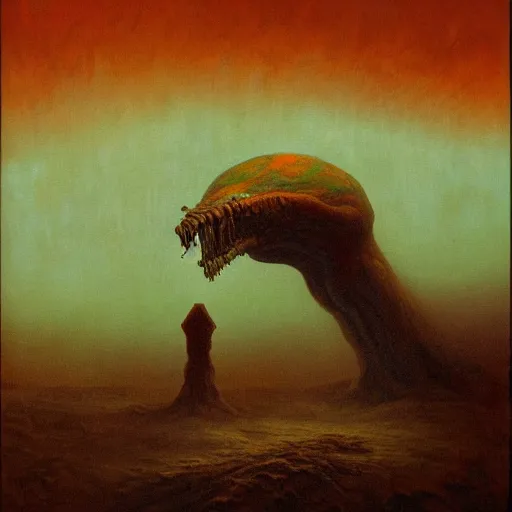 Image similar to Painting in a style of Beksinski featuring a giant alien crying. Pain and suffering in the background