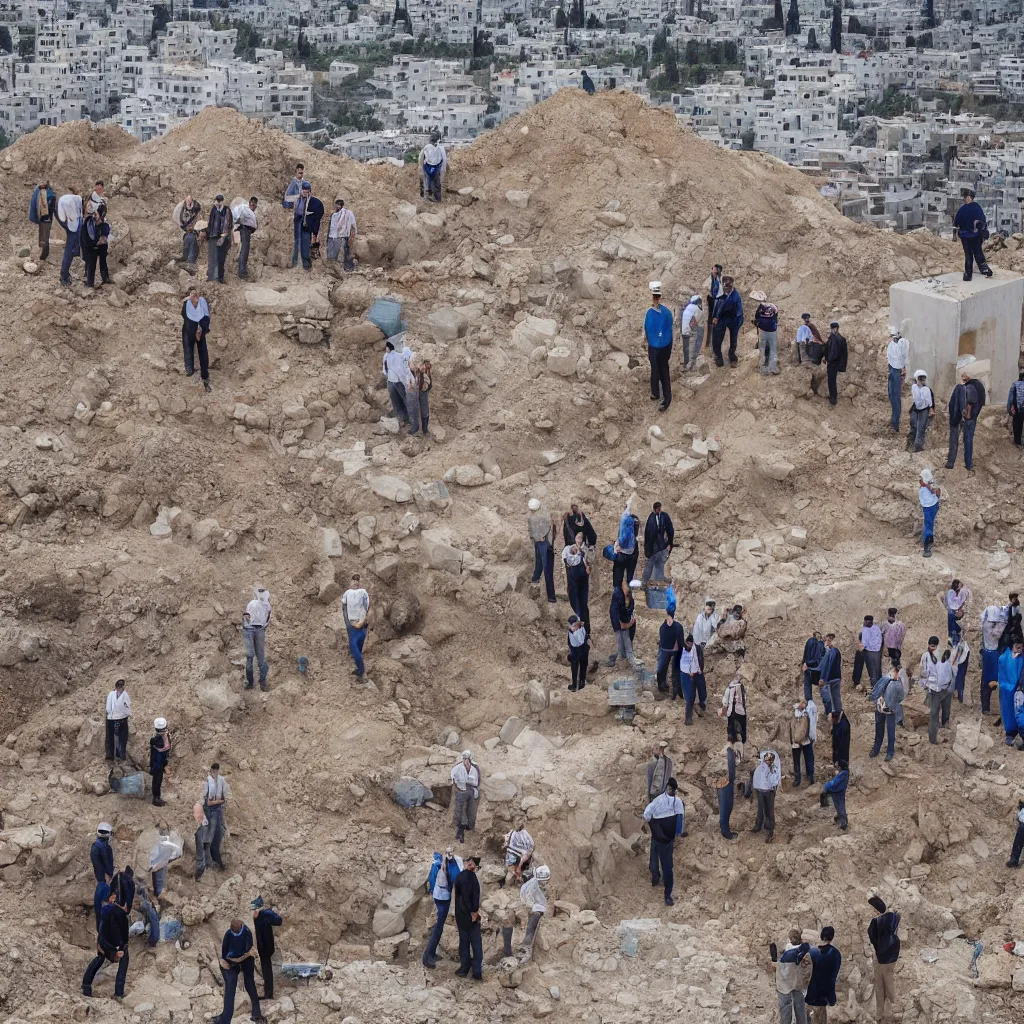 Prompt: “ a group of politicians standing on top of a construction site in israel, a shot from behind, dslr photography, wide shot ”