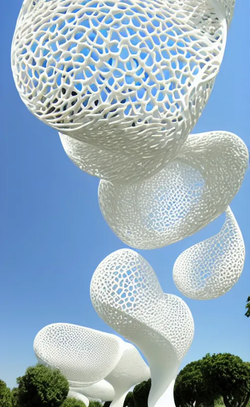 Image similar to elegant white art 3 d printed parametric installation with playful surreal tall lemon groves, beautiful sunny day, fluidity, vincent callebaut, mamou - mani, innovative voronoi pavilion with huge white magnolias above