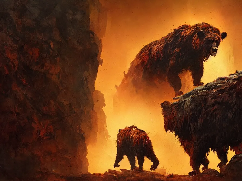 Prompt: angry prehistoric cave bear in a nightmarish landscape, painted by greg rutkowski, vibrant colors