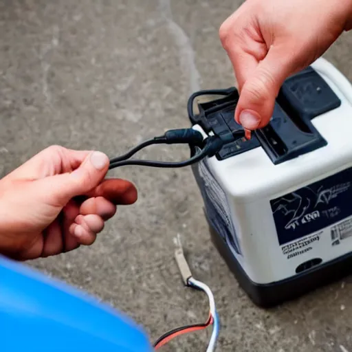 Image similar to a car battery hits a person with electricity.