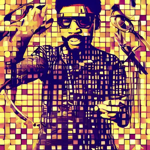 Prompt: cyberwave art of 33 year old slender mixed south African man with glasses and trimmed beard playing the drums, digital art in cyberwave style