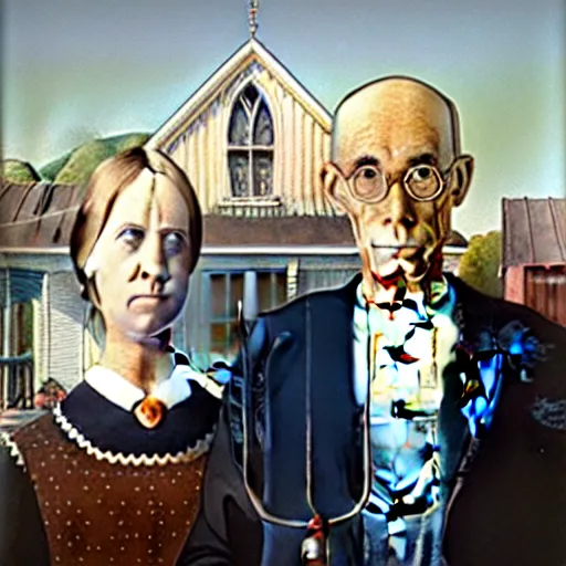 Prompt: a painting by grant wood of an astronaut couple, american gothic style