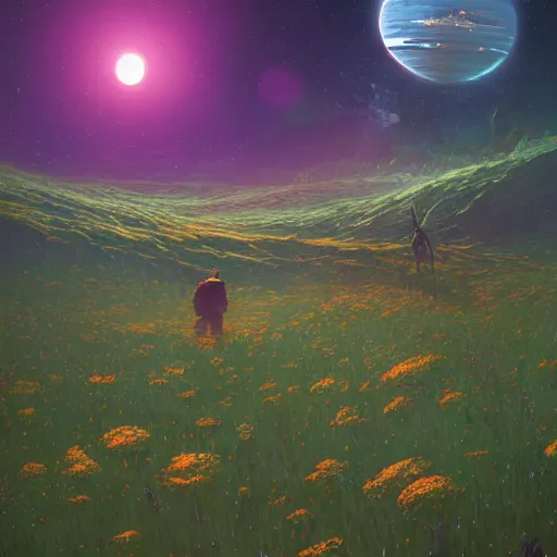 Prompt: a fantastic hyperdetailed 3 d matte painting of a giant robot partially covered in overgrowing wildflowers on an alien planet under arctic moonlight by moebius by beeple by by jakub rozalski by paul lehr by dan mumford