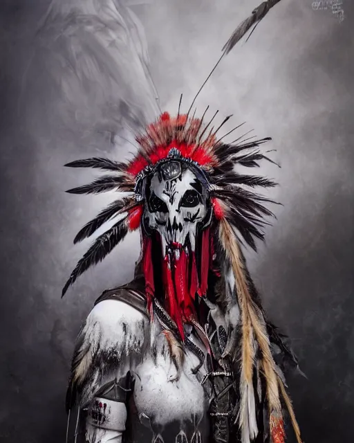 Image similar to the ghost - spirit of the grim - warpaint wears the scarlet skull armor and native blood headdress feathers, midnight fog - mist!, dark oil painting colors, realism, cinematic lighting, various refining methods, micro macro autofocus, ultra definition, award winning photo