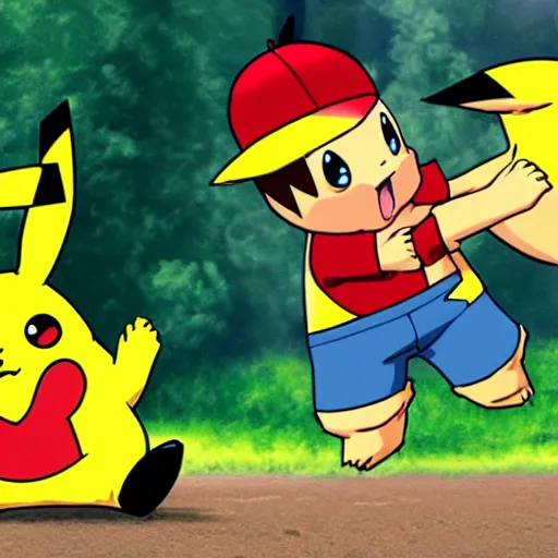 Image similar to Pikachu is fighting with a bear