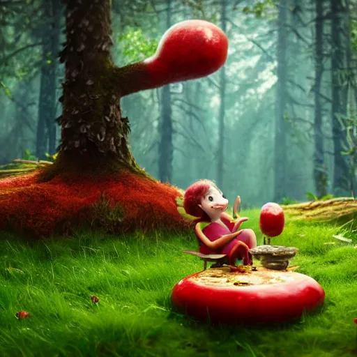 Prompt: beautiful cinematography of a cute fury monster eating lunch sitting on a red mushroom in a fantasy forest with living trees, in the style of a Pixar movie, wide shot, sharp and detailed, Octane render, raytracing, volumetric lighting