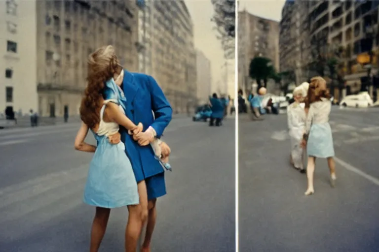 Image similar to film photography, 35mm, 1970s, no faces, no portraits, close-up love and romantic in blue colors feeling of young and freedom, in style of Joel Meyerowitz