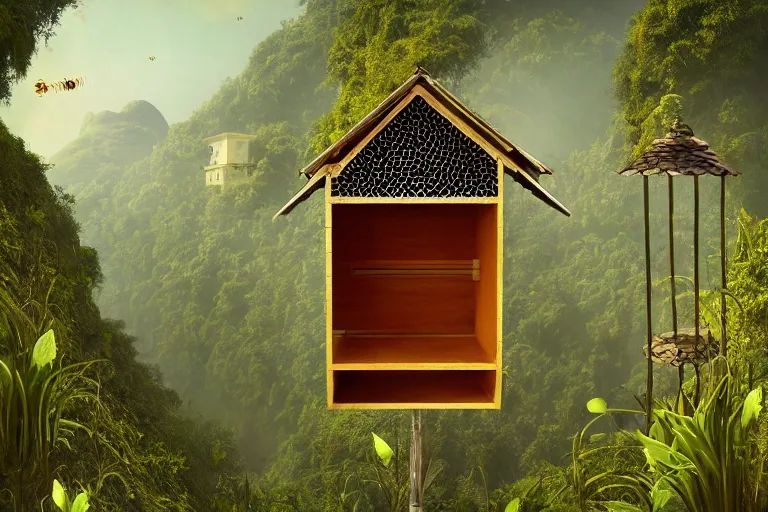 Image similar to simplicity, elegance, foliage overgrowing favela honeybee hive, art nouveau environment, award winning art, epic dreamlike fantasy landscape, ultra realistic,