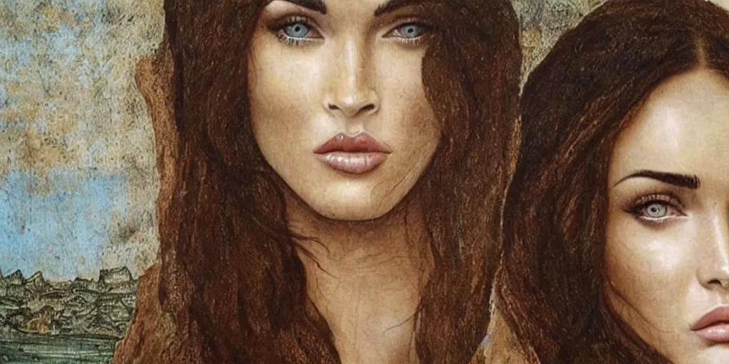 Prompt: megan fox, painting by leonardo da vinci