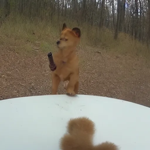 Image similar to trail cam footage of a anthropomorphic puppy smoking a cigar