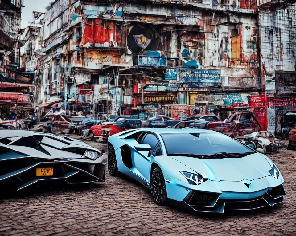 Image similar to lamborghini aventador photoshoot, cinematic, indian bazaar background, photography by alexey kurylev, beautiful, india, heavily detailed