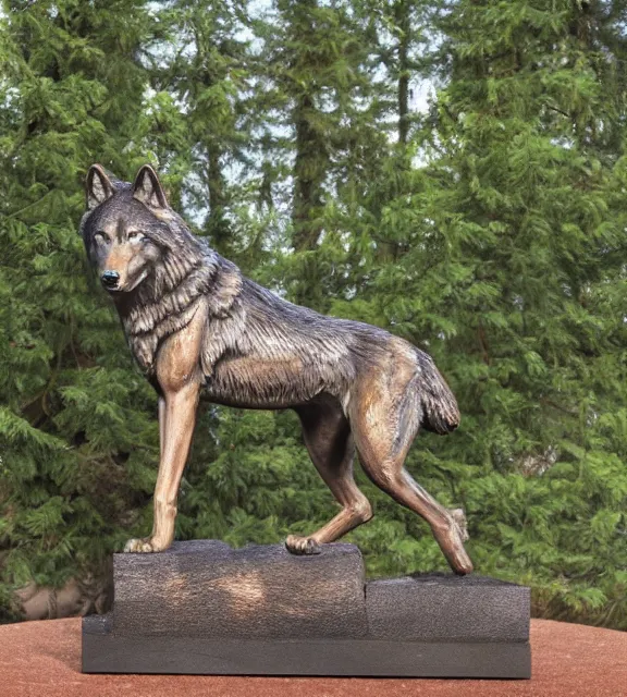 Prompt: a 4 k photorealistic photo medium shot of a bronze statue of a timber wolf.