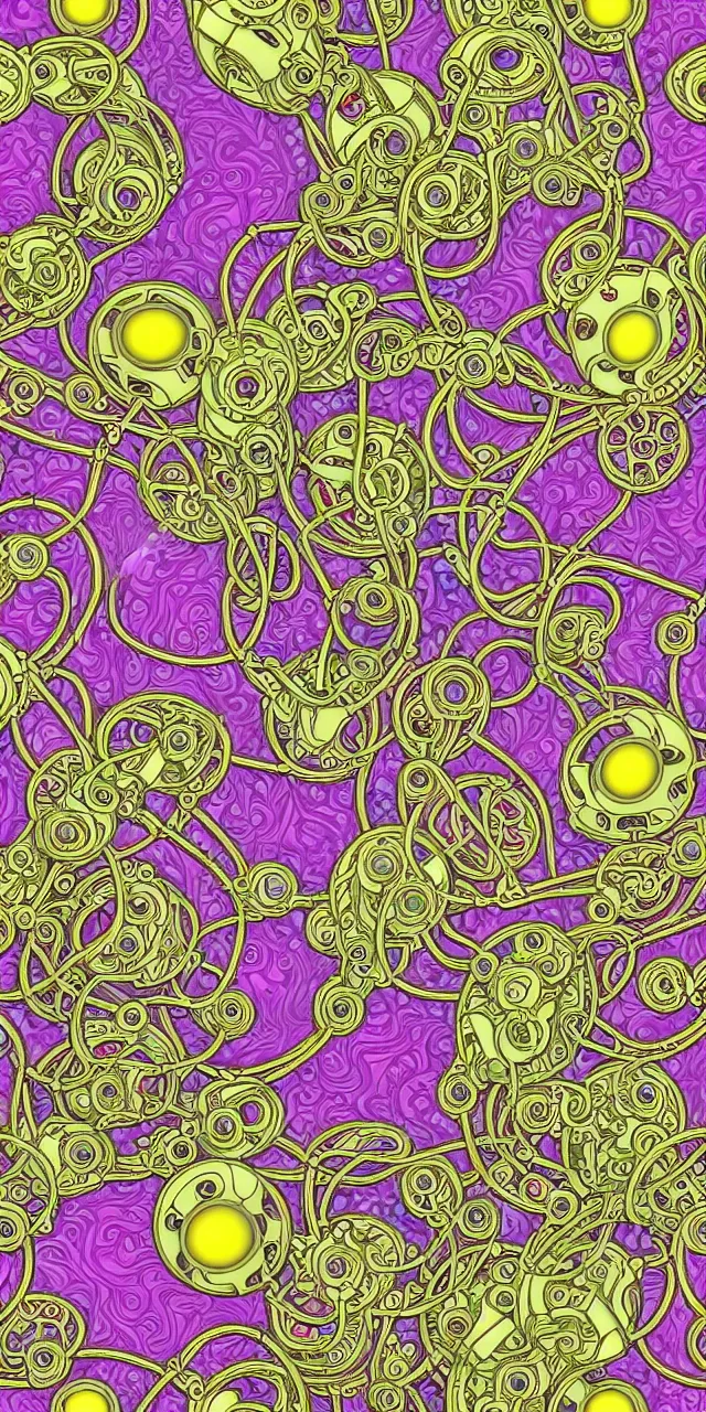 Image similar to seamless pattern of beautiful cybernetic robotic goddess with colorful flowers cartier jewelry and cables arranged in a art nouveau damask pattern, subsurface scattering, rainbow liquids, inside organic robotic tubes and parts, black background, symmetrical composition + intricate details, hyperrealism, wet, reflections + by alfonse mucha, no blur