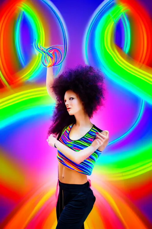 Prompt: a award winning half body portrait photograph of a beautiful woman with stunning eyes in a croptop and cargo pants with rainbow colored hair, routlined by whirling illuminated neon lines, fine rainbow colored lines swirling in circles, outrun, vaporware