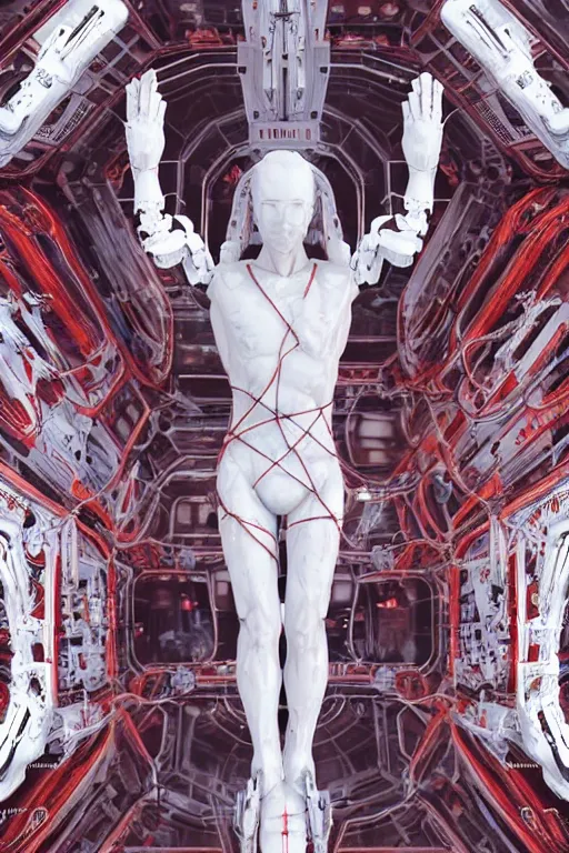 Prompt: space station interior white cross a statue jesus on cross made of red marble hands nailed to a cross perfect symmetrical body full body shot, inflateble shapes, wires, tubes, veins, jellyfish, white biomechanical details, wearing epic bionic cyborg implants masterpiece, intricate, biopunk, vogue, highly detailed, artstation, concept art, cyberpunk, octane render