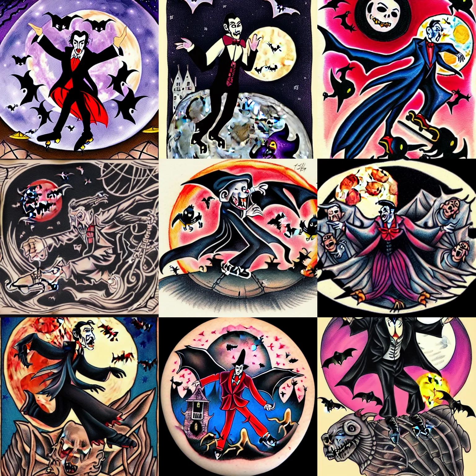 Image similar to dracula dancing on roller skates surrounded by bats and a full moon in the style of american traditional tattoo