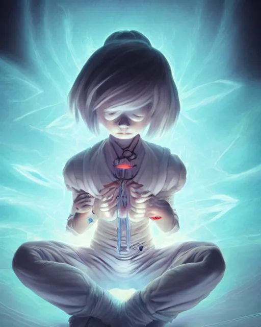 Prompt: a tiny cute demon meditating, wrapped in sacred parchment with glowing text, smooth, intricate, elegant, digital painting, artstation, power runes, pulsing energy, concept art, sharp focus, octane render, illustration, art by shintaro kago and james jean, overwatch character,