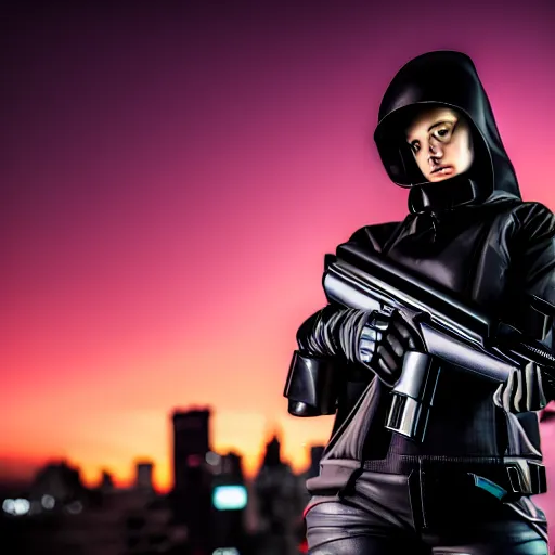 Image similar to photographic portrait of a techwear woman holding a shotgun, closeup, on the rooftop of a futuristic city at night, sigma 85mm f/1.4, 4k, depth of field, high resolution, 4k, 8k, hd, full color