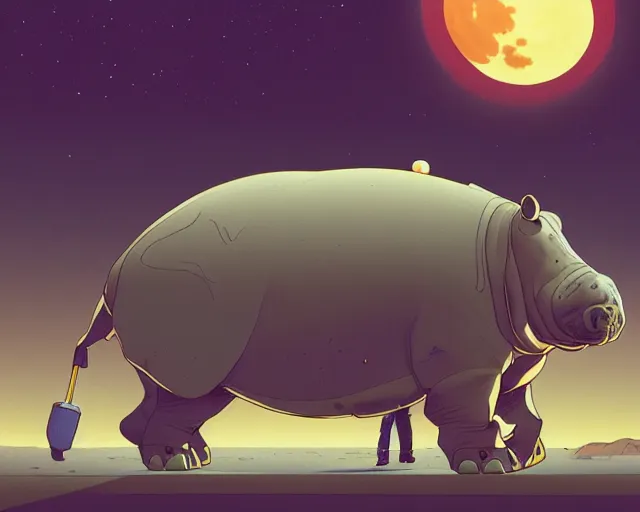 Image similar to a study of cell shaded cartoon of a mechanical hippo on a desert road, in front of a big moon illustration, wide shot, subtle colors, post grunge, concept art by josan gonzales and wlop, david rubin, mike mignola, laurie greasley, highly detailed, sharp focus, trending on artstation, hq, deviantart, art by artgem