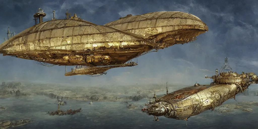 Image similar to a giant floating steampunk airship, by Mikhail Vrubel, trending on artstation