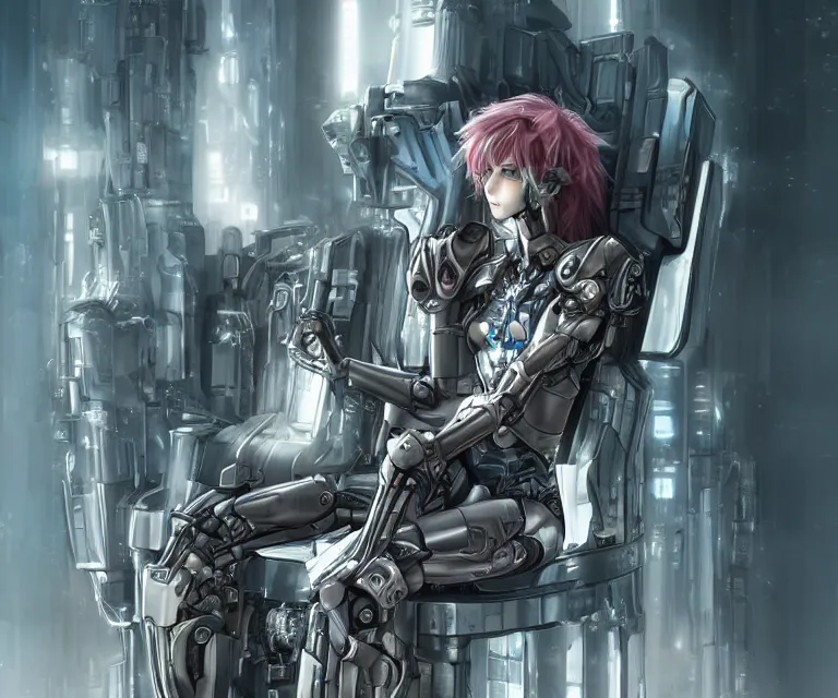 Prompt: majestic cyborg princess sitting on a metal throne in a futuristic castle, cyberpunk, highly detailed, sharp lines, anime