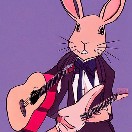 Image similar to a rabbit playing guitar, anime art