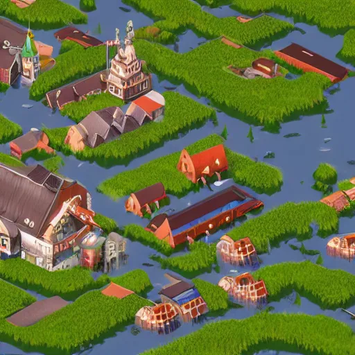 Prompt: top-down 3D video game about a german town being flooded, isometric view, unreal engine, gameplay footage, rasterisation engine, mobile game