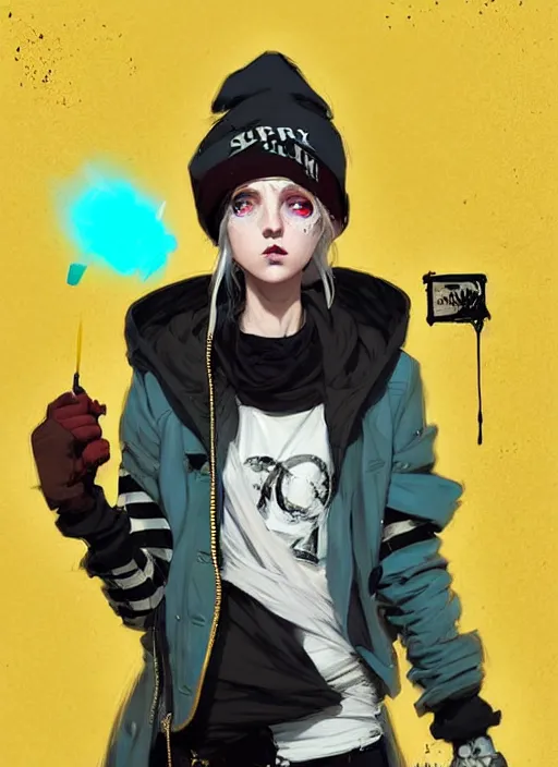 Image similar to highly detailed portrait of a sewer punk lady student, blue eyes, burberry hoody, hat, white hair by atey ghailan, by greg rutkowski, by greg, tocchini, by james gilleard, by joe fenton, by kaethe butcher, gradient yellow, black, brown and cyan color scheme, grunge aesthetic!!! ( ( graffiti tag wall background ) )