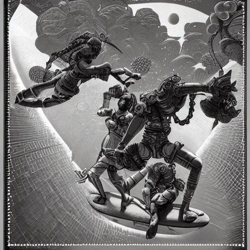 Image similar to rpg character concept art, three cyborgs doing acroyoga while floating in cosmic space, intricate detail, in the style of jamie hewlett kawase hasui riyoko ikeda, 3 d render, artstation trending, 8 k, octane render, photorealistic, sharp detail, manga, black and white