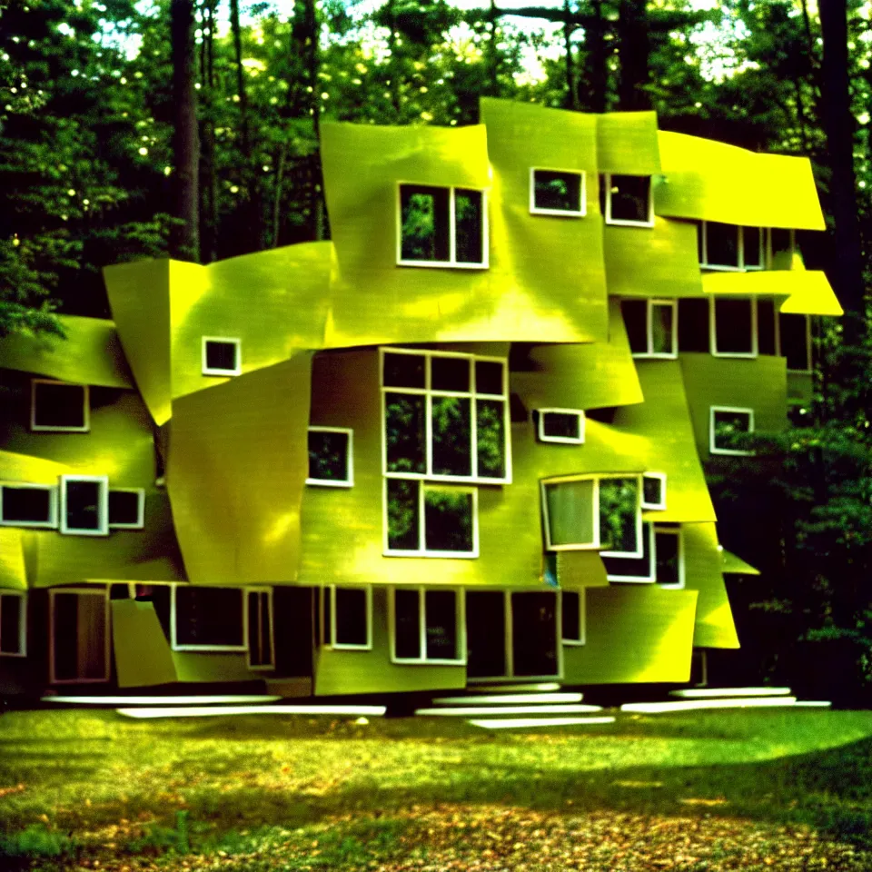 Image similar to a mid-century modern house with big tiles, from afar, in a forest, designed by Frank Gehry. Film grain, cinematic, yellow hue