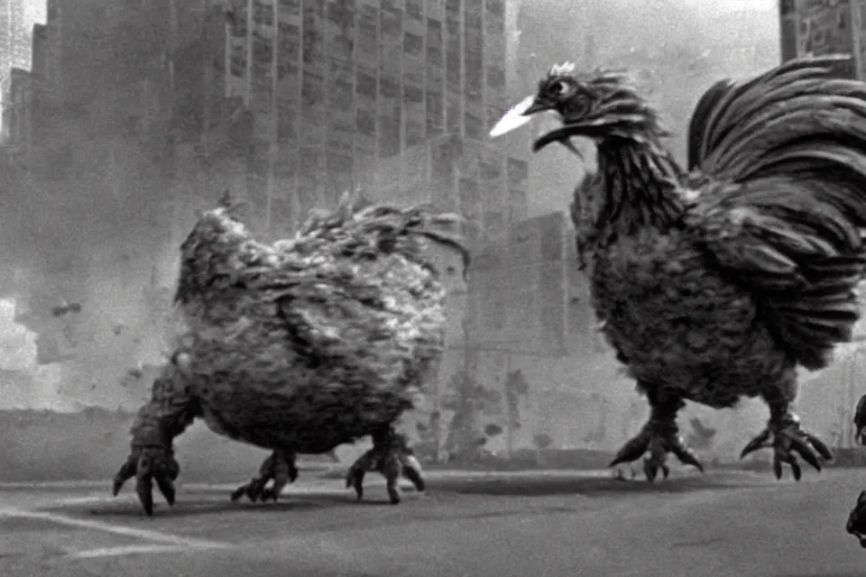 Prompt: still image taken from sci fi horror movie of a giant chicken and monster attacking a city. low camera angle. 1 9 6 0.