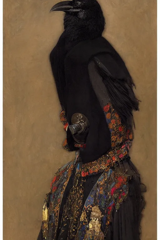 Image similar to portrait of an anthropomorphic black crow wearing clothes, by Donato Giancola and John Bauer and Vermeer, embroidered velvet waistcoat, iridescent beetles, rich color, featured on Artstation, cgisociety, unreal engine, extremely detailed