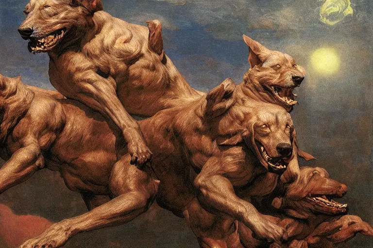 Image similar to hyperdetailed matte art of cerberus by william blake, ilya repin, amano, rene magritte, craig mullins, three headed dog, details