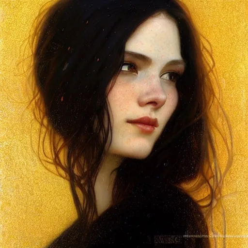 Image similar to portrait of a smiling, beautiful, pale skin female with long black hair, dark brown eyes, elegant clothing, photorealistic, highly detailed, artstation, smooth, sharp focus, neon lighting, sci - fi, art by gustav klimt, artgerm, greg rutkowski and alphonse mucha