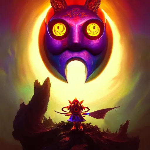 Prompt: a band logo for majora's mask, extremely detailed digital painting, in the style of fenghua zhong and ruan jia and jeremy lipking and peter mohrbacher, mystical colors, rim light, beautiful lighting, 8 k, stunning scene, raytracing, octane, trending on artstation