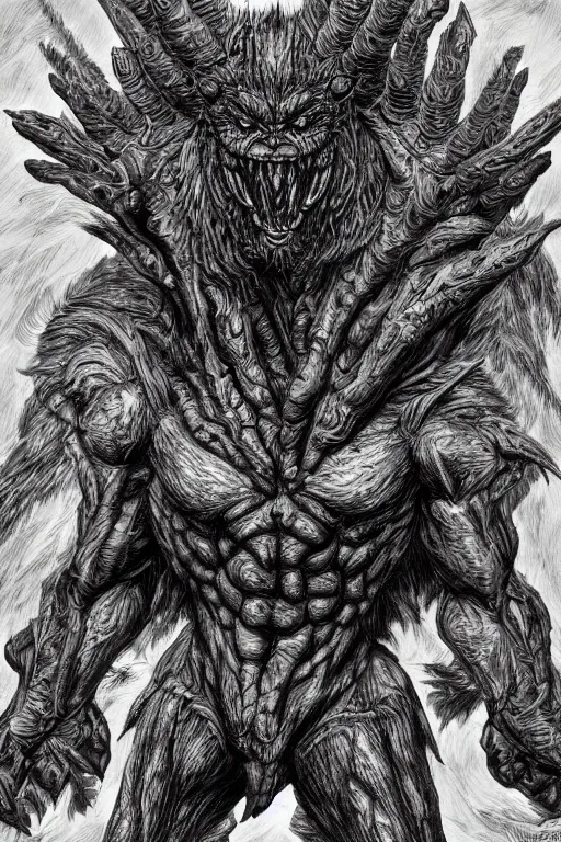 Image similar to humanoid figure beast monster, highly detailed, digital art, sharp focus, trending on art station, kentaro miura manga art style