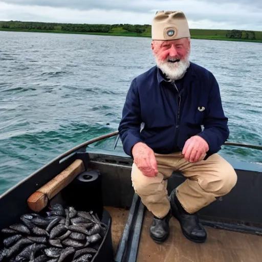 Image similar to captain birdseye stood on the back of a fishing boat disappointingly looking at empty nets, wide angle