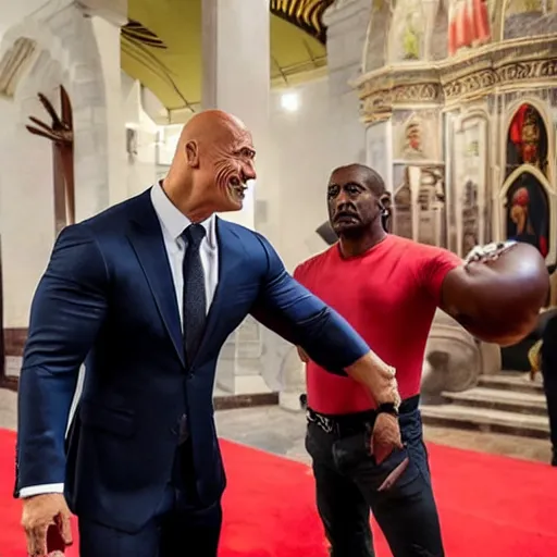 Image similar to dwayne johnson fighting against recep tayyip erdoğan in a church of hell