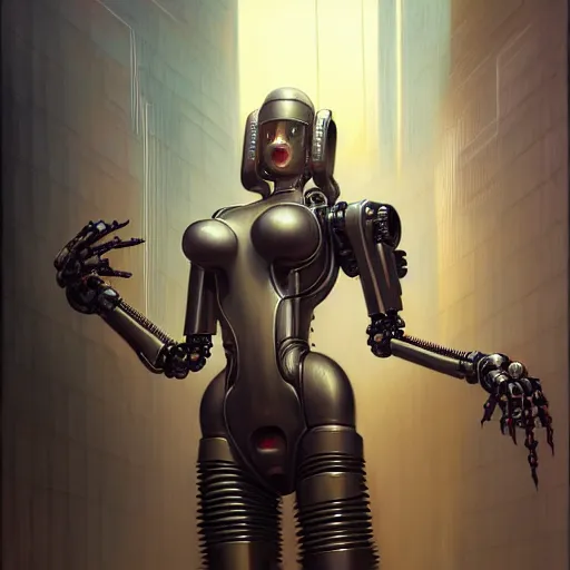 Image similar to low angle shot of a cyberpunk robot character, intricate, elegant, highly detailed, centered, digital painting, artstation, concept art, smooth, sharp focus, illustration, artgerm, Tomasz Alen Kopera, Peter Mohrbacher, donato giancola, Joseph Christian Leyendecker, WLOP, Boris Vallejo